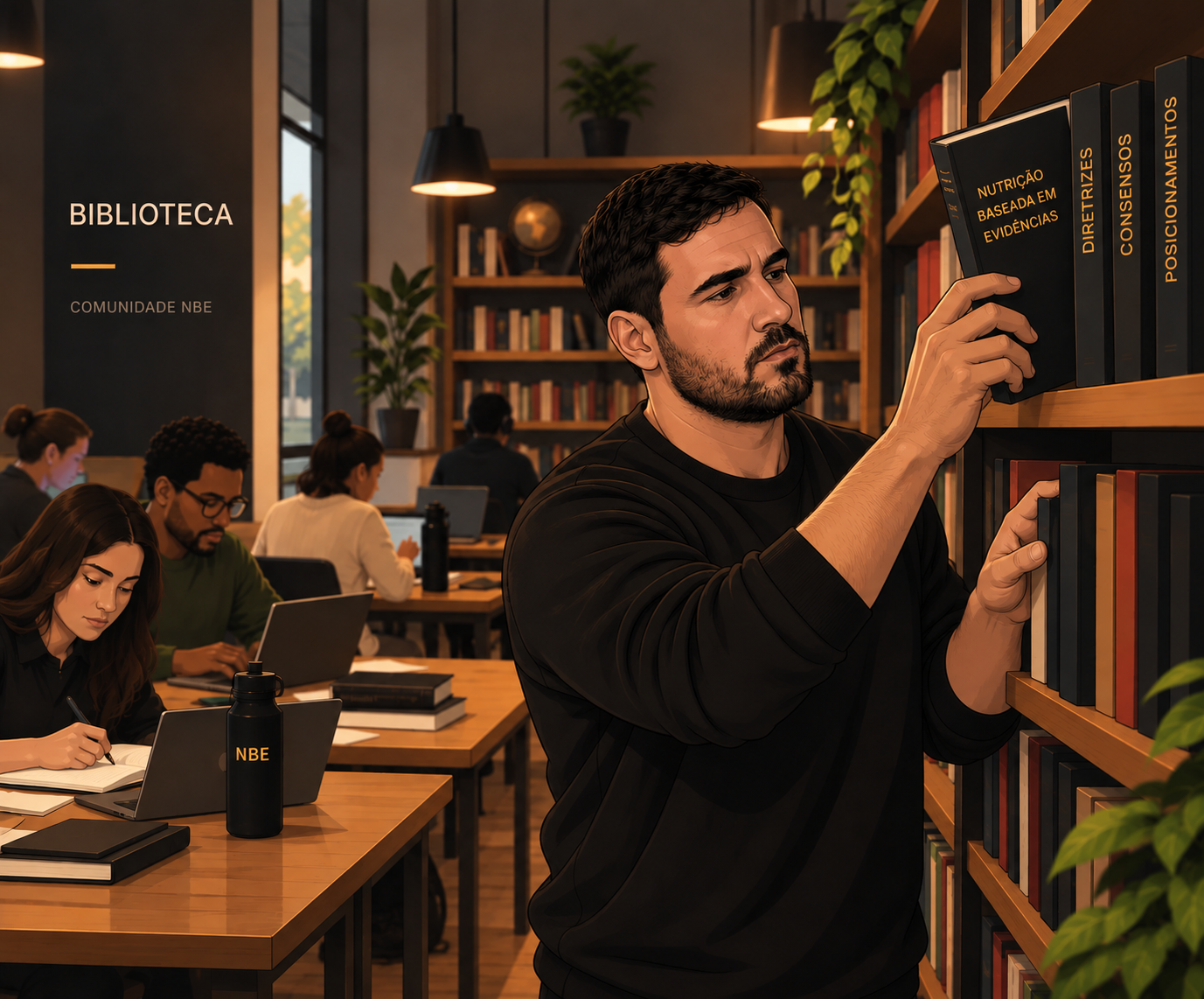 Ilustração da Biblioteca NBE, com organização do acervo e profissionais estudando
